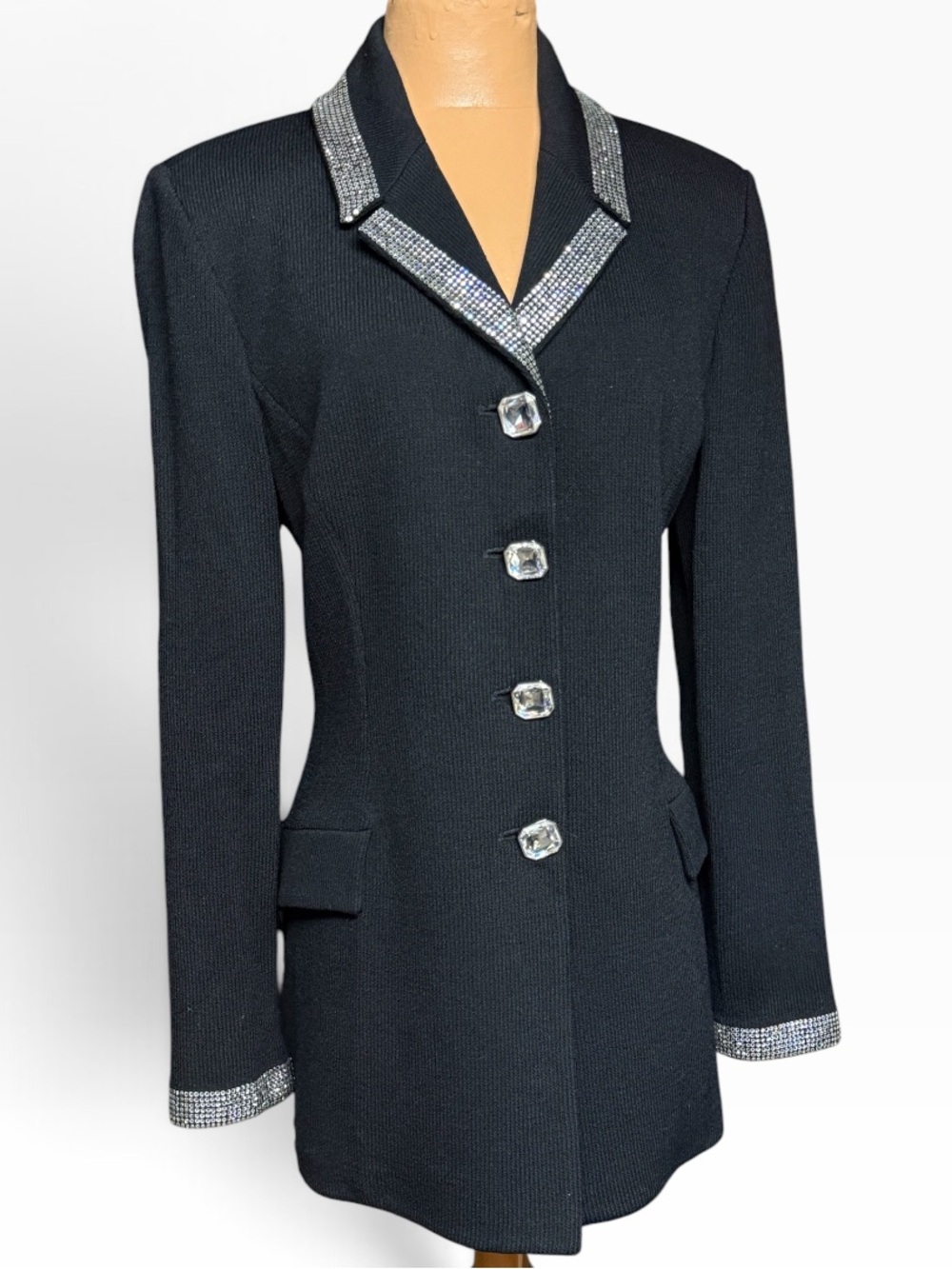 St John Evening , Rhinestone Collar and Cuffs Crystal Buttons Knit Long Blazer